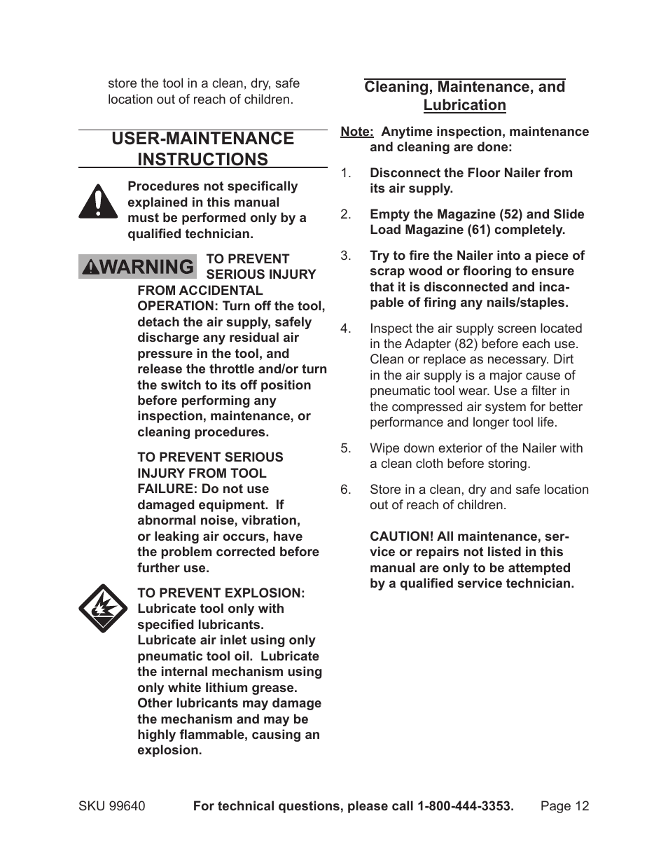 User-maintenance instructions | Harbor Freight Tools 99640 User Manual | Page 12 / 16