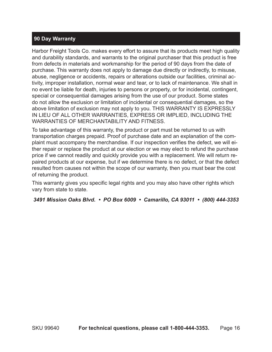 Harbor Freight Tools 99640 User Manual | Page 16 / 16