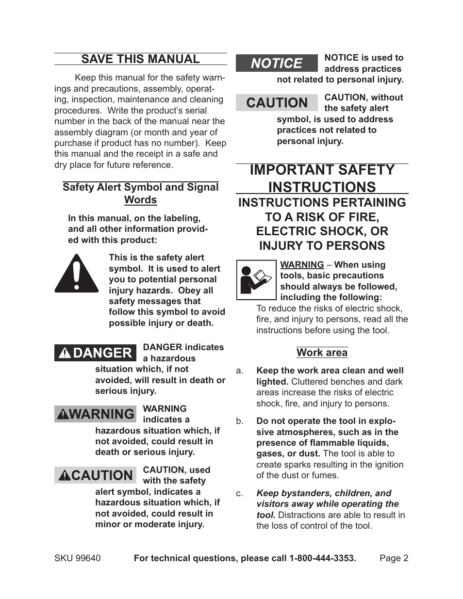 Important safety instructions, Save this manual | Harbor Freight Tools 99640 User Manual | Page 2 / 16