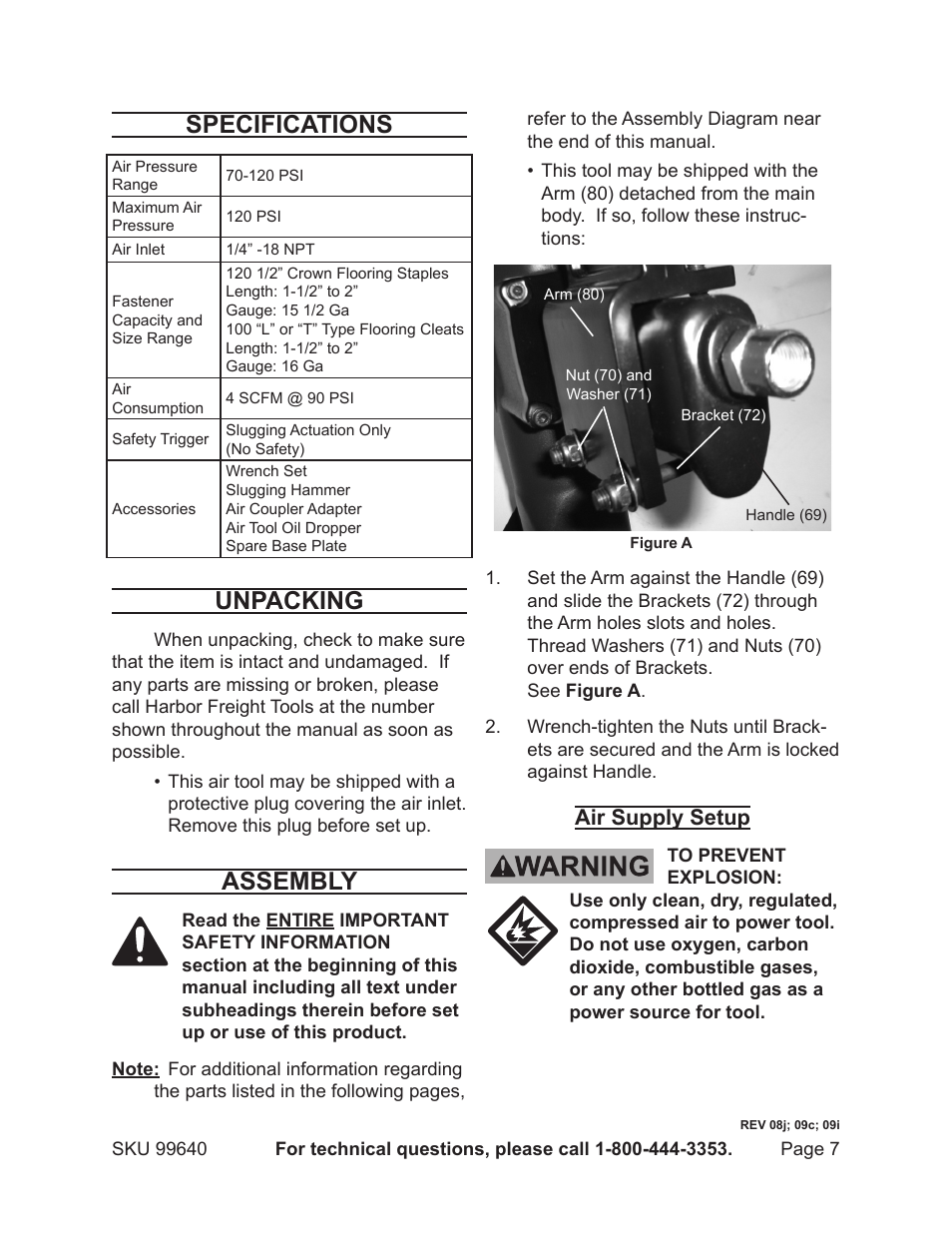 Specifications, Unpacking, Assembly | Air supply setup | Harbor Freight Tools 99640 User Manual | Page 7 / 16