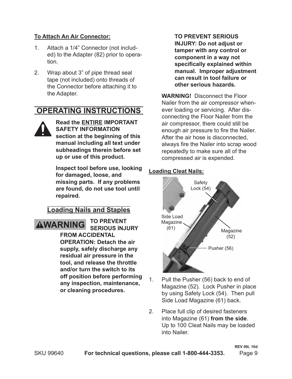 Operating instructions | Harbor Freight Tools 99640 User Manual | Page 9 / 16