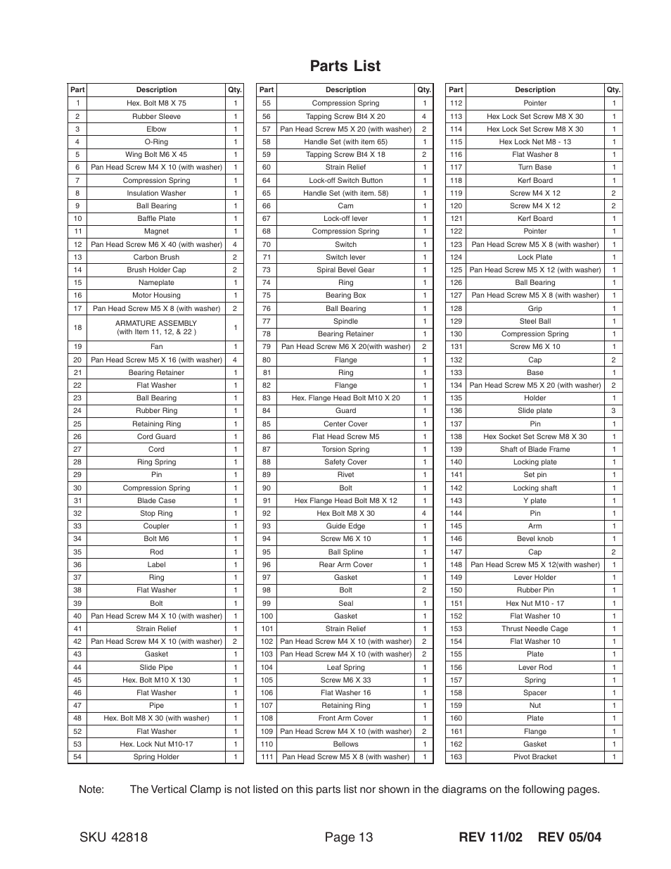 Parts list | Harbor Freight Tools 42818 User Manual | Page 13 / 15