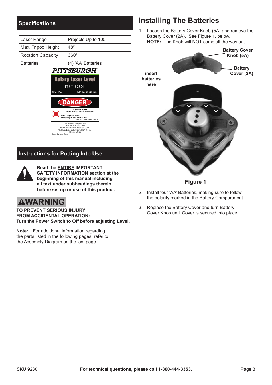 Installing the batteries, Rotary laser level, Specifications | Instructions for putting into use, Figure 1 | Harbor Freight Tools CEN-TECH 92801 User Manual | Page 3 / 8