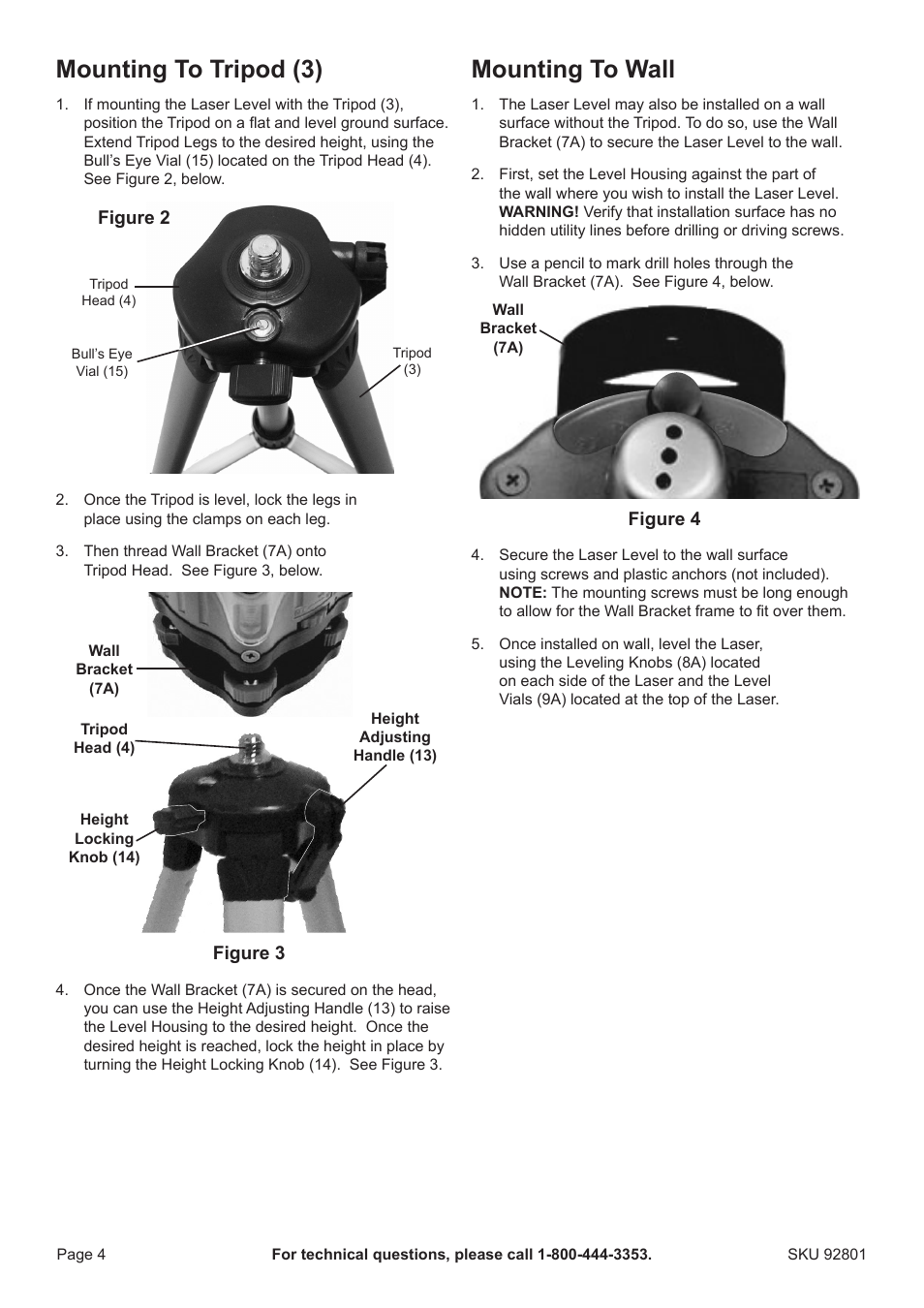Mounting to tripod (3), Mounting to wall | Harbor Freight Tools CEN-TECH 92801 User Manual | Page 4 / 8
