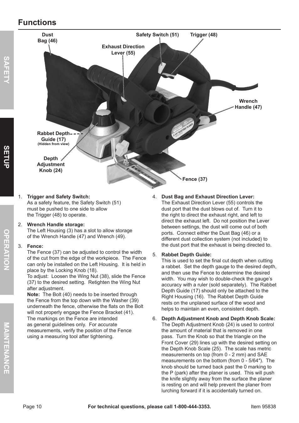 Functions, Safet y op era tion m aintenan c e setu p | Harbor Freight Tools 95838 User Manual | Page 10 / 16