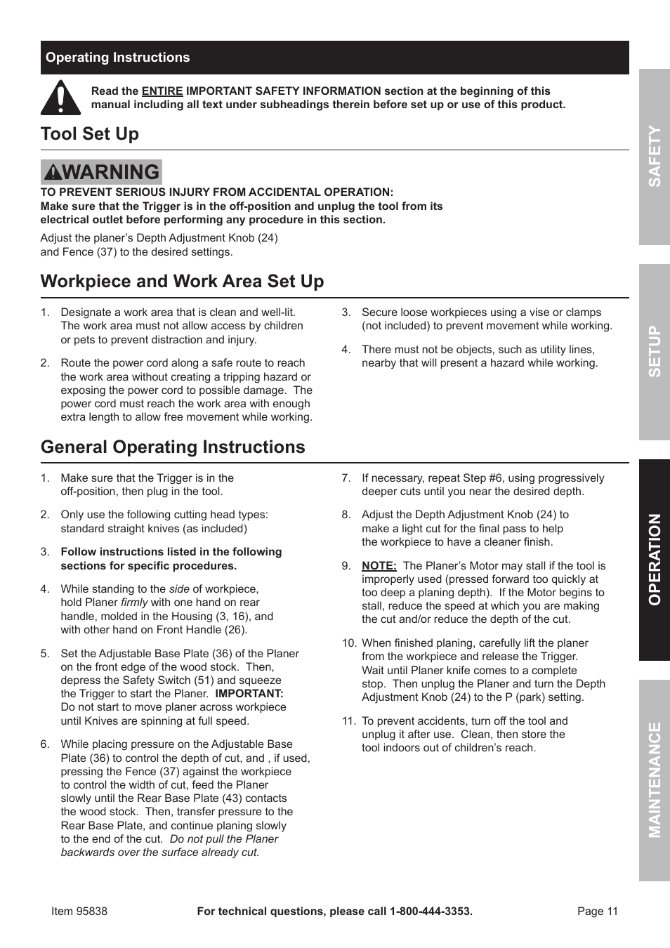 Tool set up, Workpiece and work area set up, General operating instructions | Safet y op era tion m aintenan c e setu p | Harbor Freight Tools 95838 User Manual | Page 11 / 16