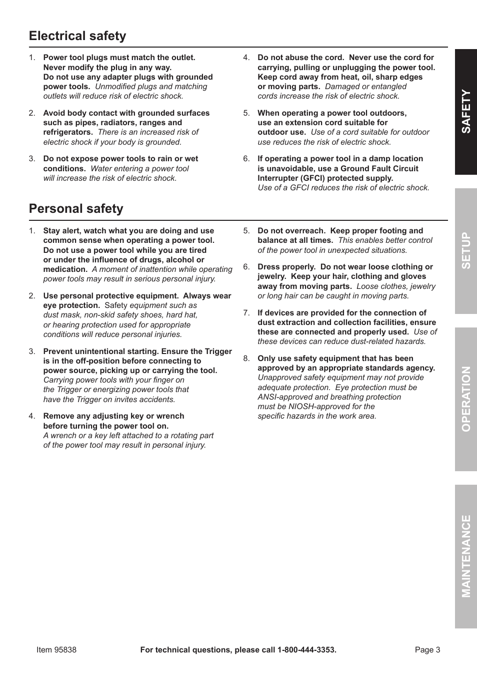 Electrical safety, Personal safety, Safet y op era tion m aintenan c e setu p | Harbor Freight Tools 95838 User Manual | Page 3 / 16