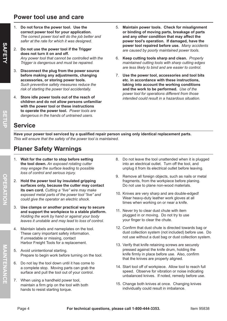 Power tool use and care, Service, Planer safety warnings | Safet y op era tion m aintenan c e setu p | Harbor Freight Tools 95838 User Manual | Page 4 / 16