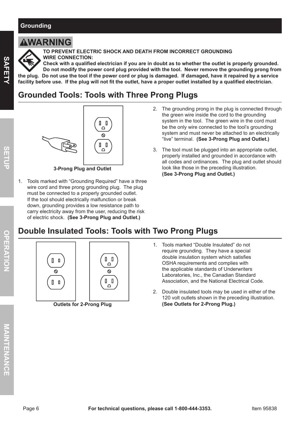 Grounded tools: tools with three prong plugs, Double insulated tools: tools with two prong plugs, Safet y op era tion m aintenan c e setu p | Harbor Freight Tools 95838 User Manual | Page 6 / 16