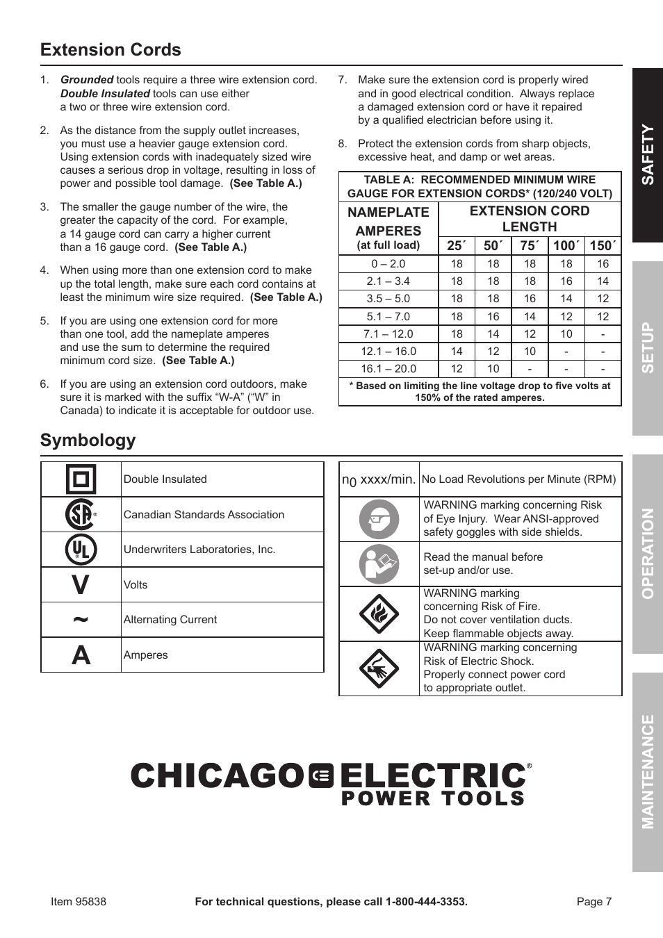 Extension cords, Symbology, Safet y op era tion m aintenan c e setu p | Harbor Freight Tools 95838 User Manual | Page 7 / 16