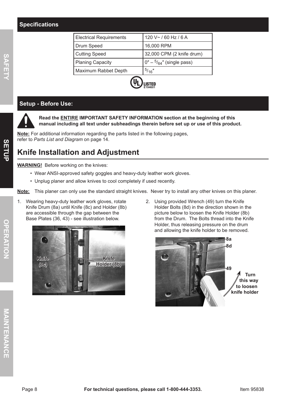 Knife installation and adjustment, Safet y op era tion m aintenan c e setu p | Harbor Freight Tools 95838 User Manual | Page 8 / 16