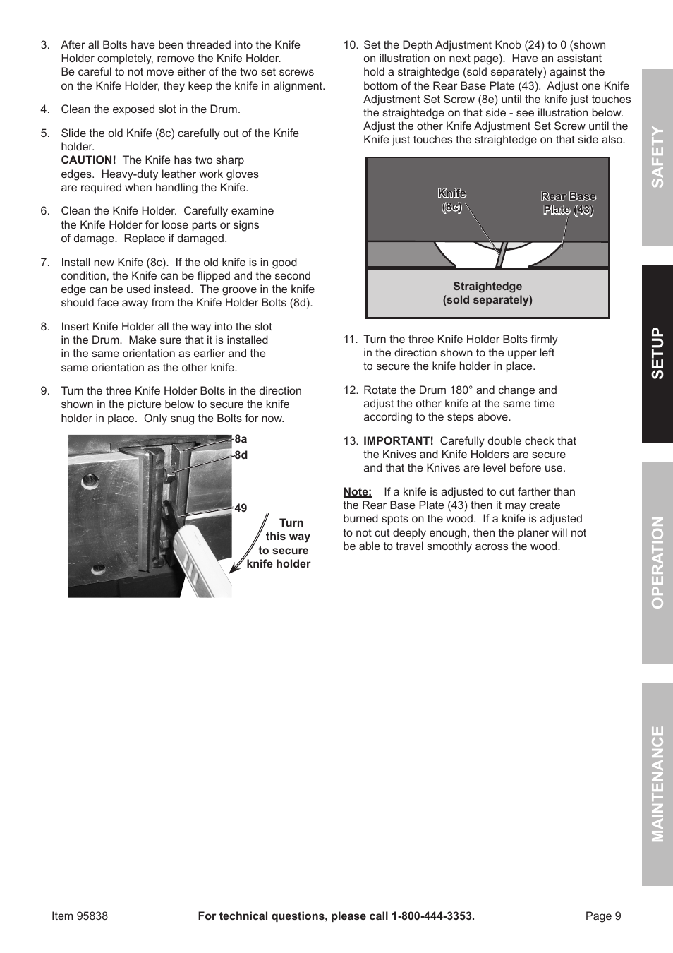 Safet y op era tion m aintenan c e setu p | Harbor Freight Tools 95838 User Manual | Page 9 / 16