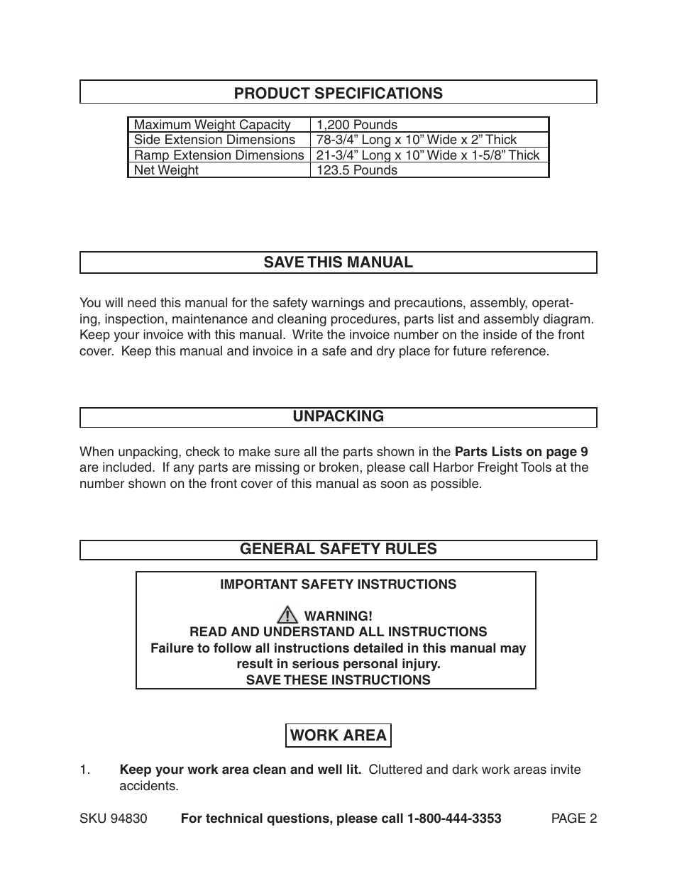 Harbor Freight Tools 94830 User Manual | Page 2 / 9