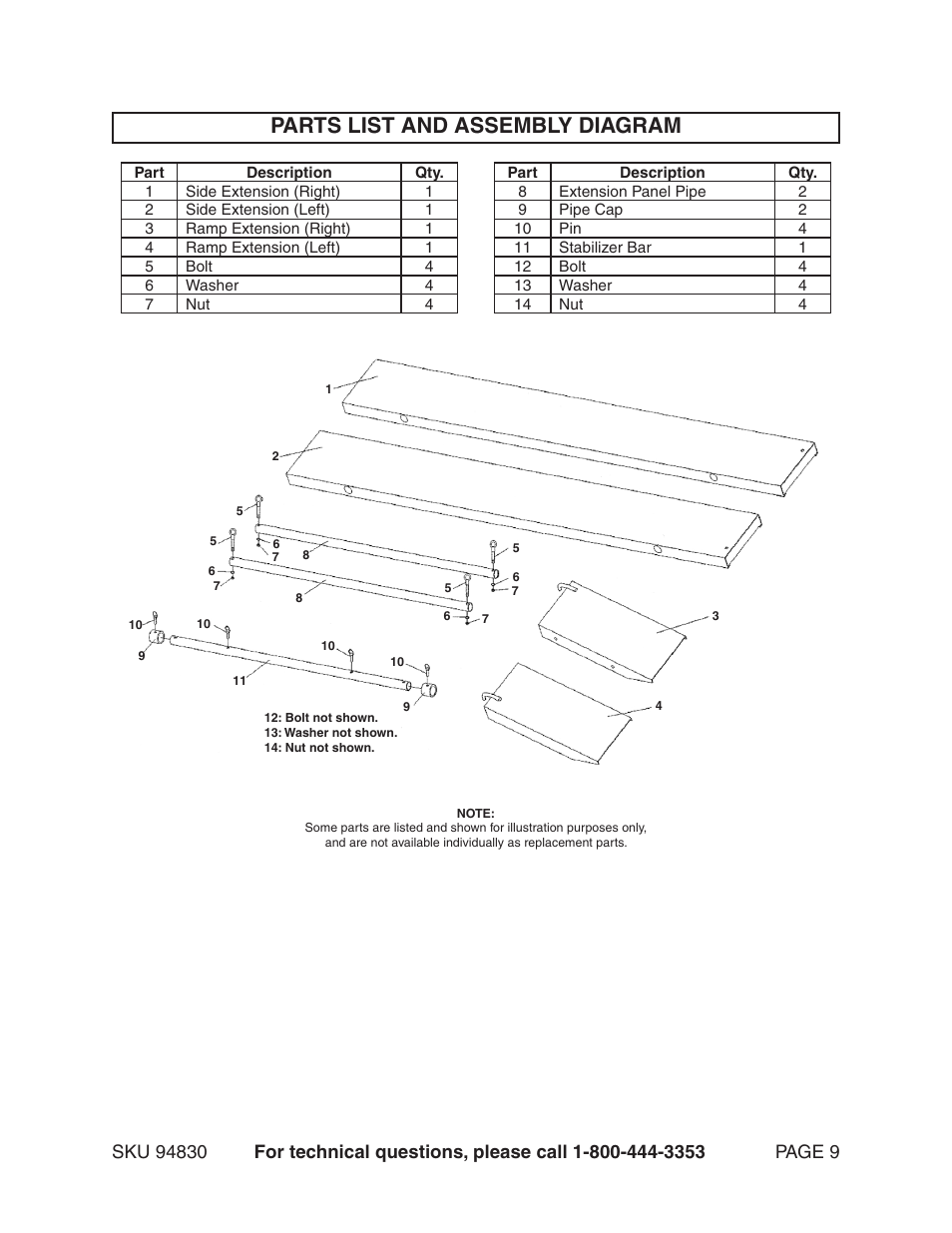 Parts list and assembly diagram | Harbor Freight Tools 94830 User Manual | Page 9 / 9