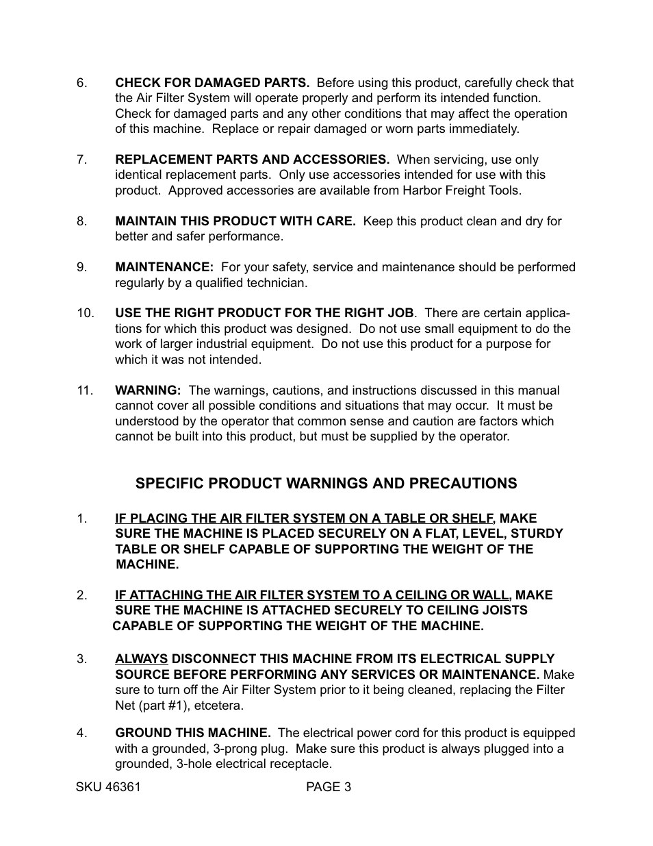 Harbor Freight Tools 46361 User Manual | Page 3 / 11