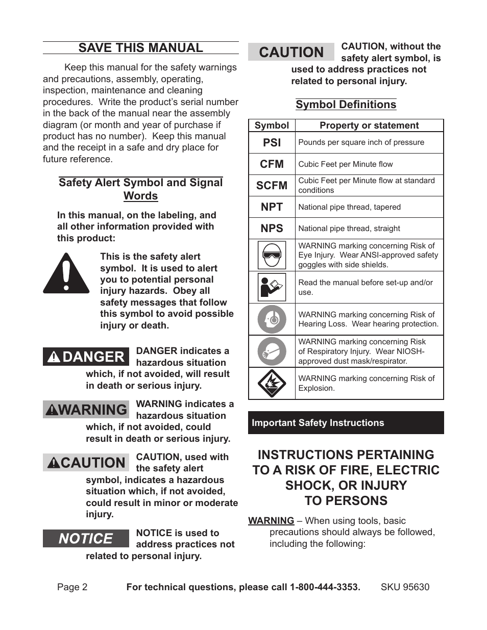 Impoinstructions, Save this manual | Harbor Freight Tools 95630 User Manual | Page 2 / 14