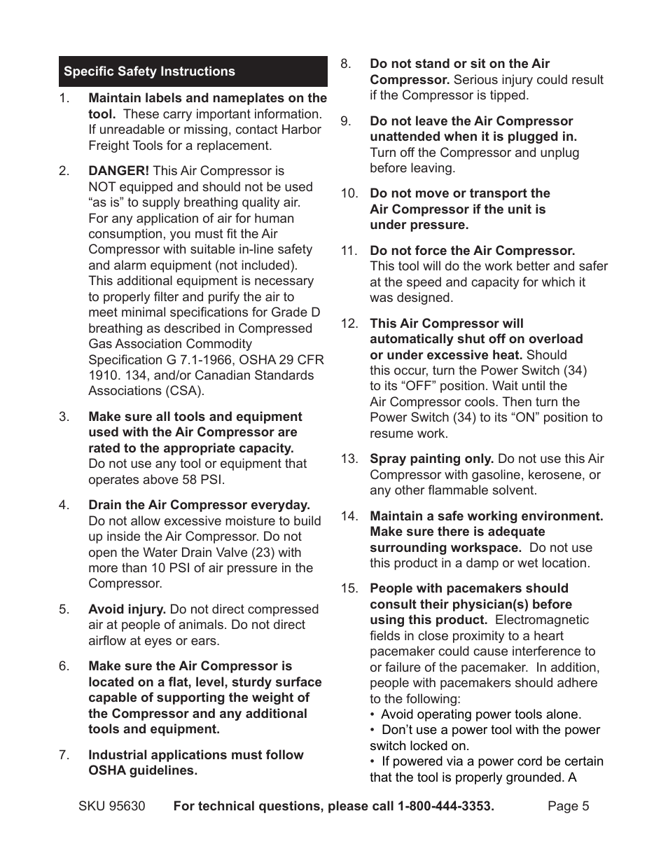 Specific safety s | Harbor Freight Tools 95630 User Manual | Page 5 / 14