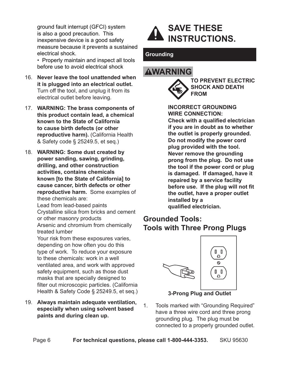 Save these instructions, Grounded tools: tools with three prong plugs | Harbor Freight Tools 95630 User Manual | Page 6 / 14