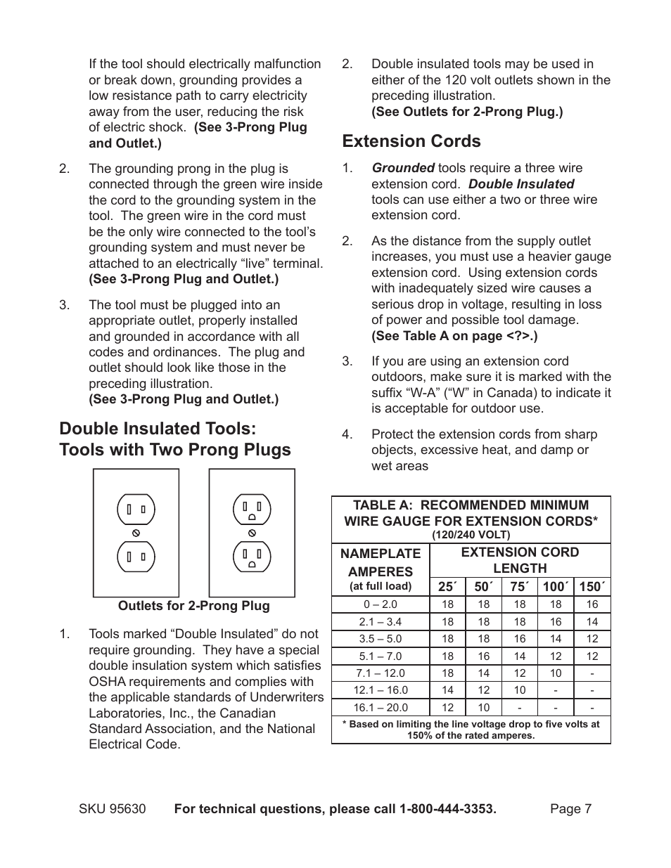 Double insulated tools: tools with two prong plugs, Extension cords | Harbor Freight Tools 95630 User Manual | Page 7 / 14