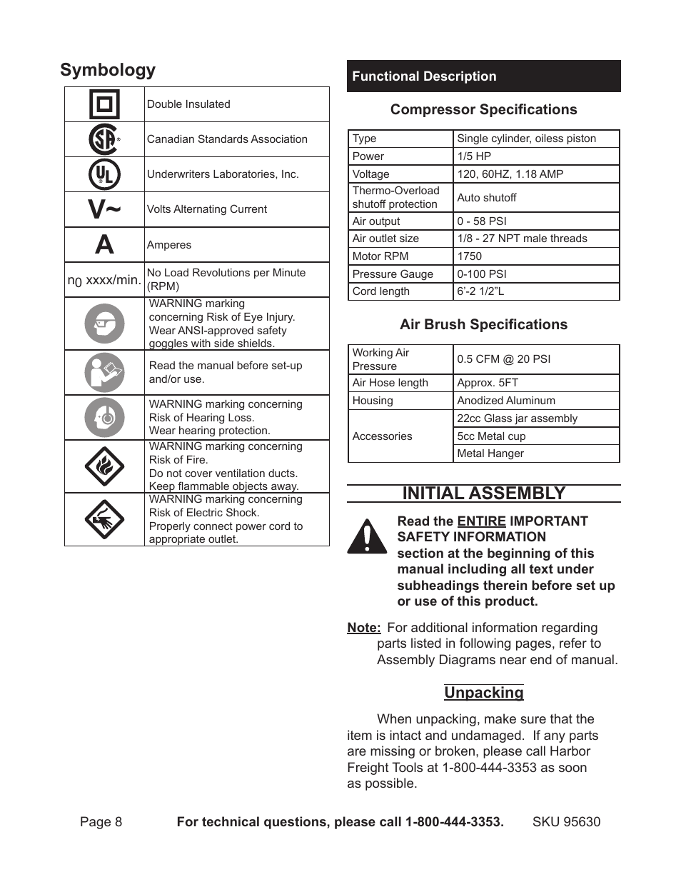Symbology, Initial assembly, Unpacking | Harbor Freight Tools 95630 User Manual | Page 8 / 14