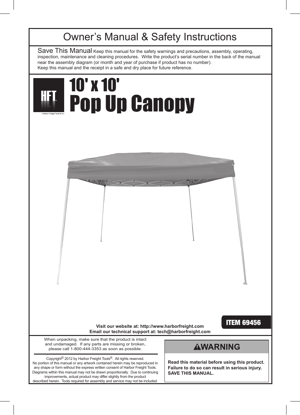 Harbor Freight Tools HFT 10' x 10' Pop Up Canopy 69456 User Manual | 8 pages