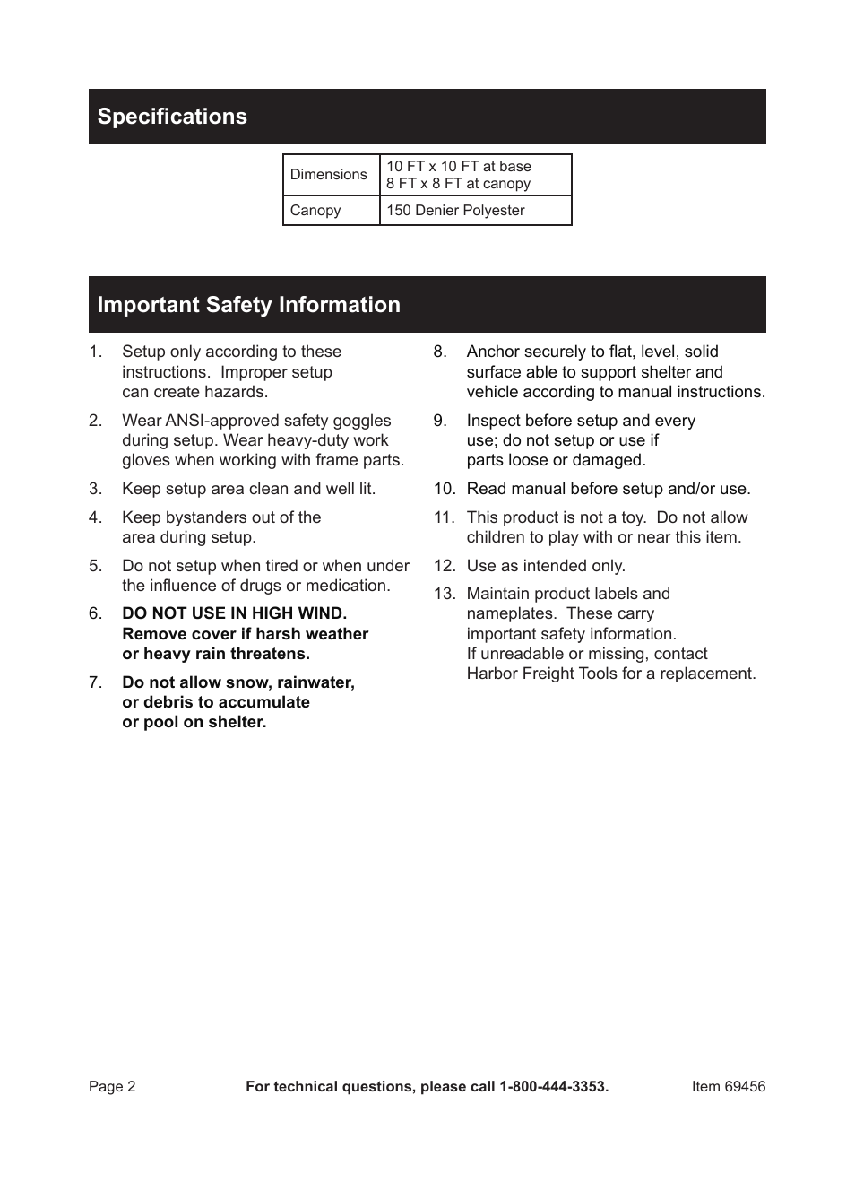 Specifications, Important safety information | Harbor Freight Tools HFT 10' x 10' Pop Up Canopy 69456 User Manual | Page 2 / 8