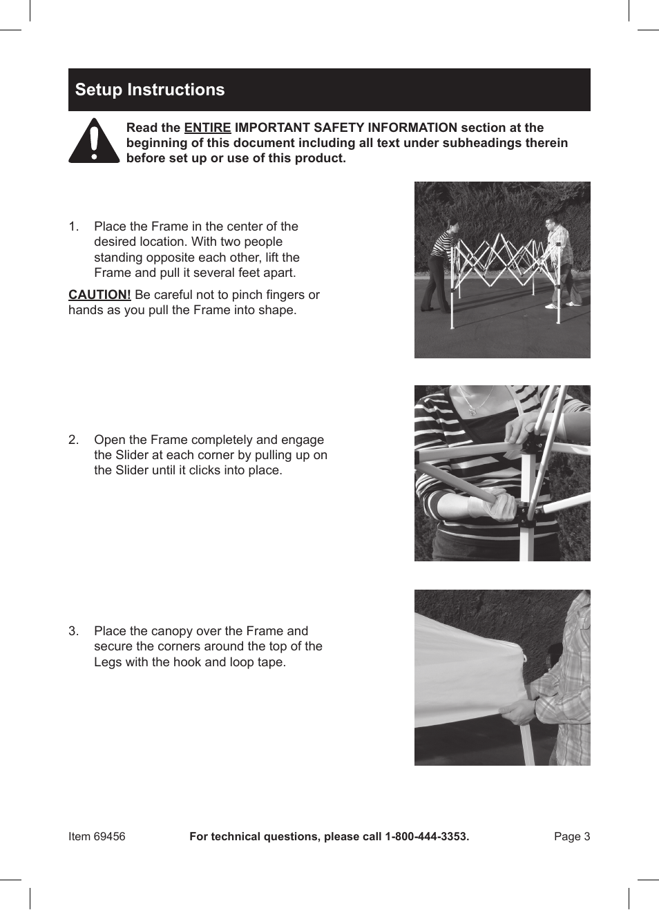 Setup instructions | Harbor Freight Tools HFT 10' x 10' Pop Up Canopy 69456 User Manual | Page 3 / 8