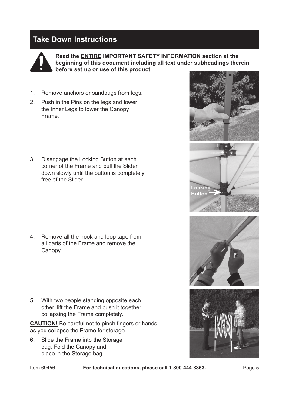 Take down instructions | Harbor Freight Tools HFT 10' x 10' Pop Up Canopy 69456 User Manual | Page 5 / 8