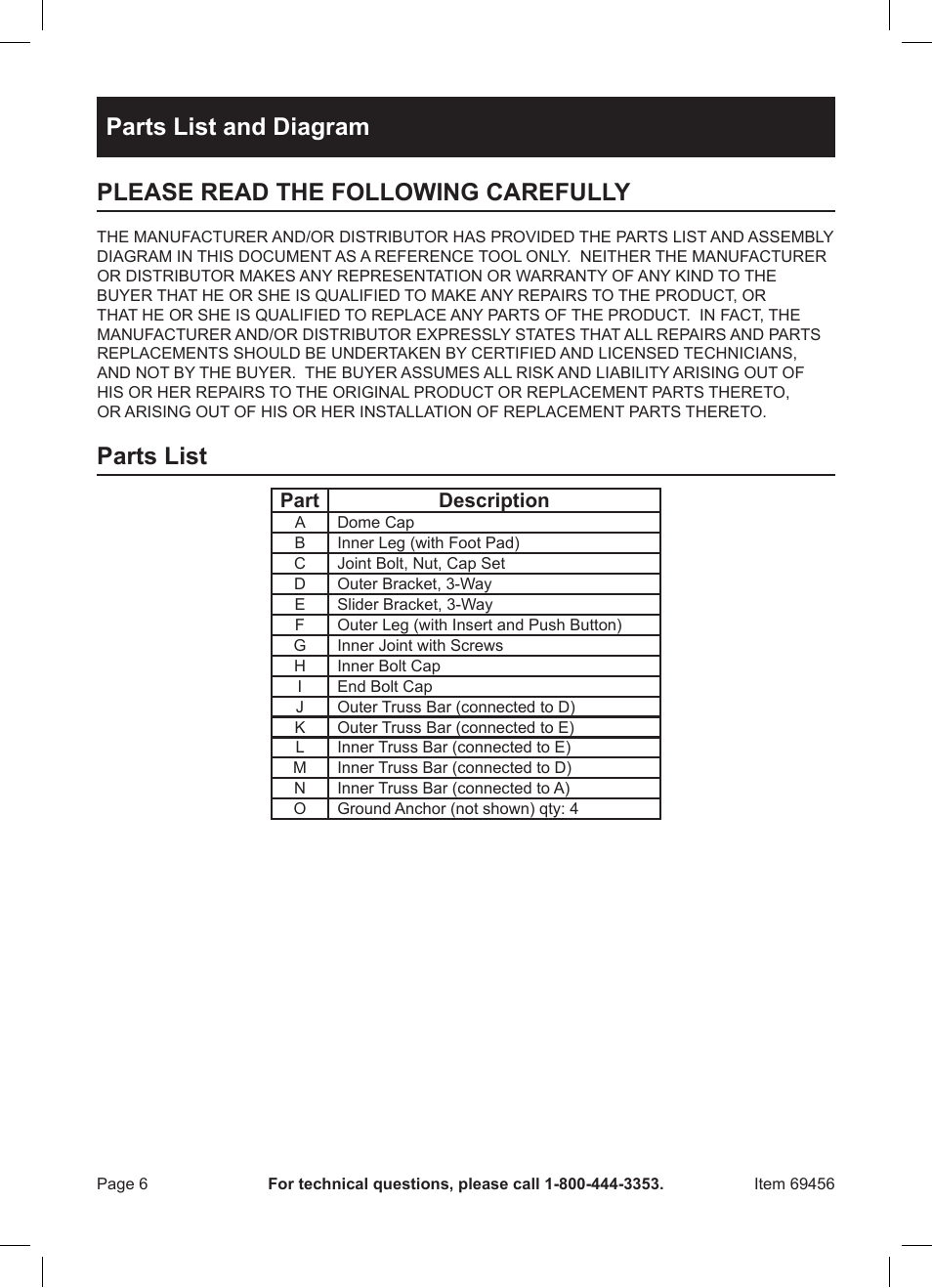 Parts list | Harbor Freight Tools HFT 10' x 10' Pop Up Canopy 69456 User Manual | Page 6 / 8