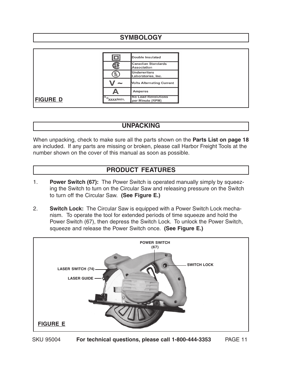 Symbology, Unpacking, Product features | Harbor Freight Tools 95004 User Manual | Page 11 / 20