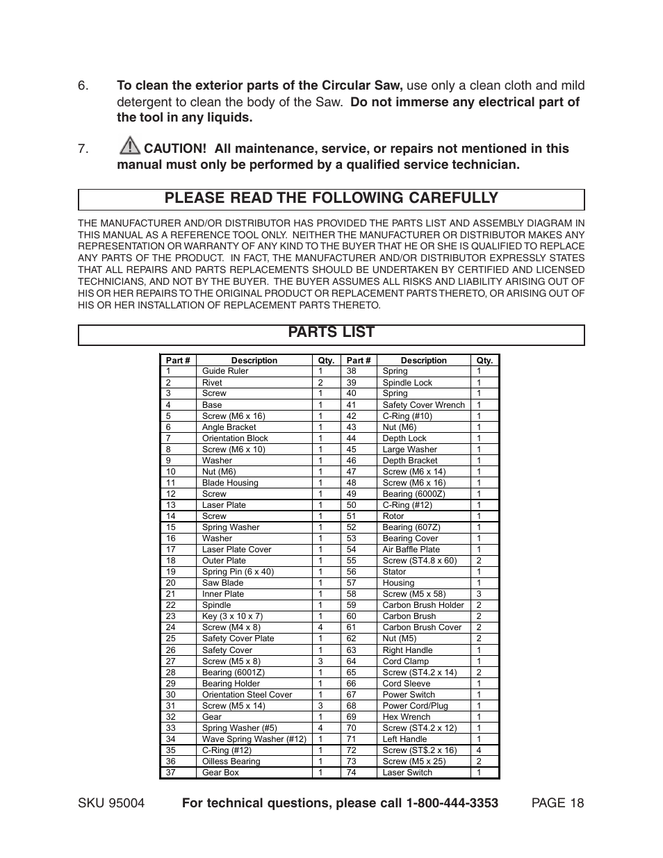 Please read the following carefully, Parts list | Harbor Freight Tools 95004 User Manual | Page 18 / 20