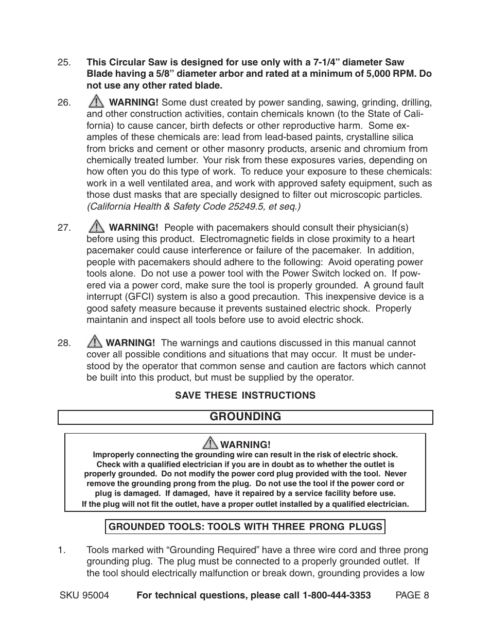 Grounding | Harbor Freight Tools 95004 User Manual | Page 8 / 20