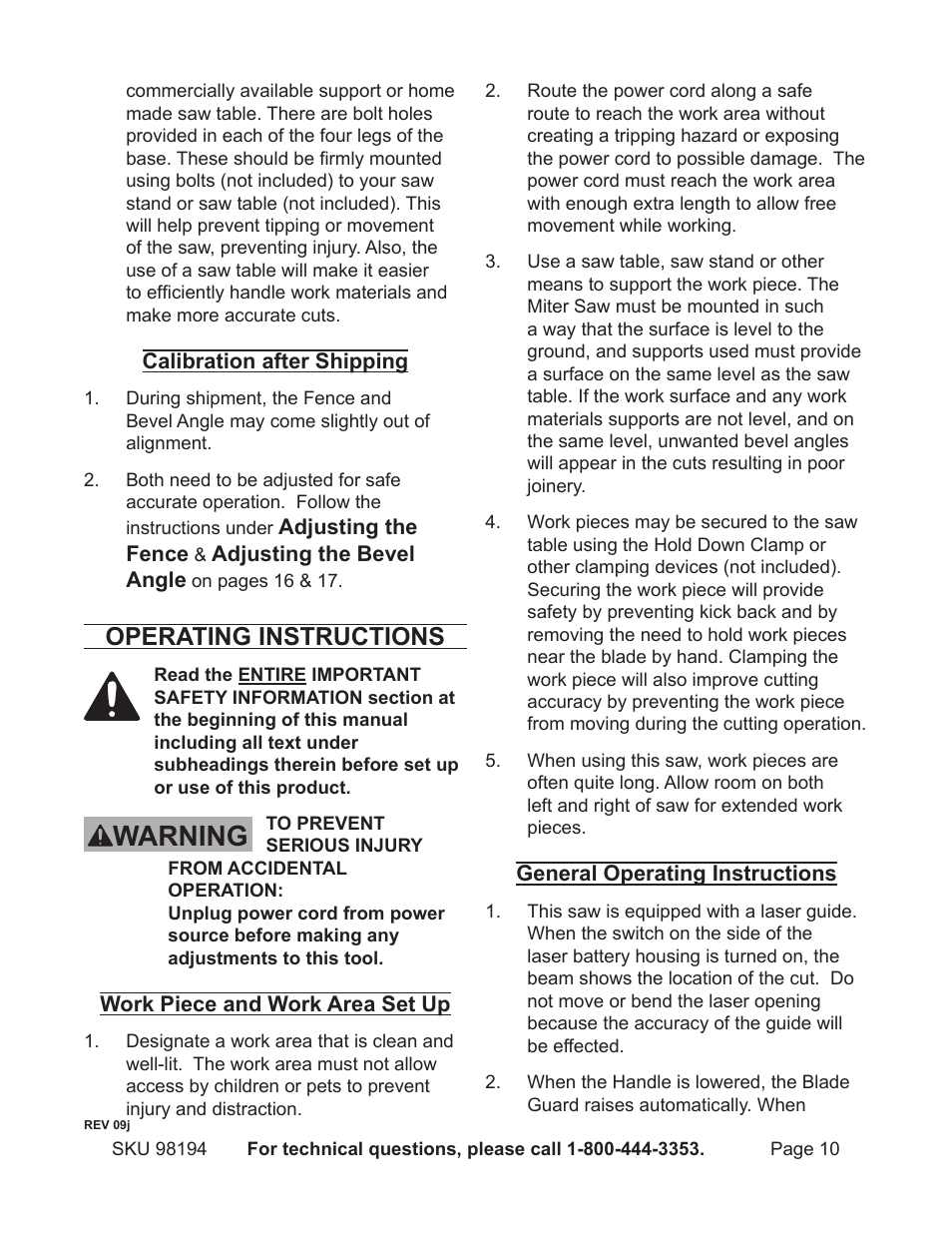 Warning, Operating instructions | Harbor Freight Tools 98194 User Manual | Page 10 / 24