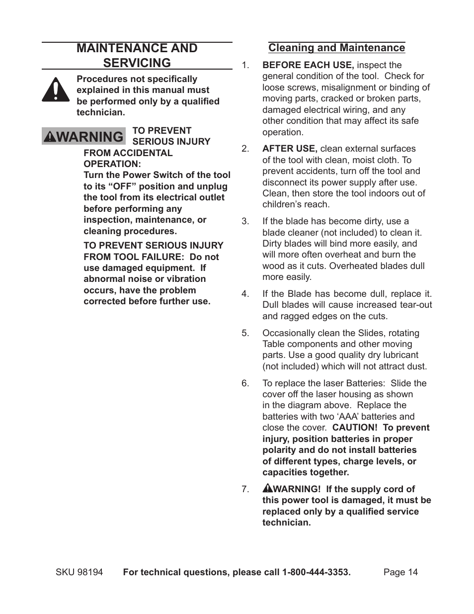 Warning, Maintenance and servicing | Harbor Freight Tools 98194 User Manual | Page 14 / 24