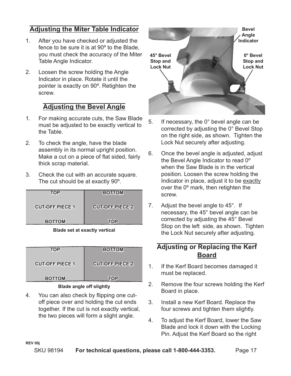 Adjusting the miter table indicator, Adjusting the bevel angle, Adjusting or replacing the kerf board | Harbor Freight Tools 98194 User Manual | Page 17 / 24