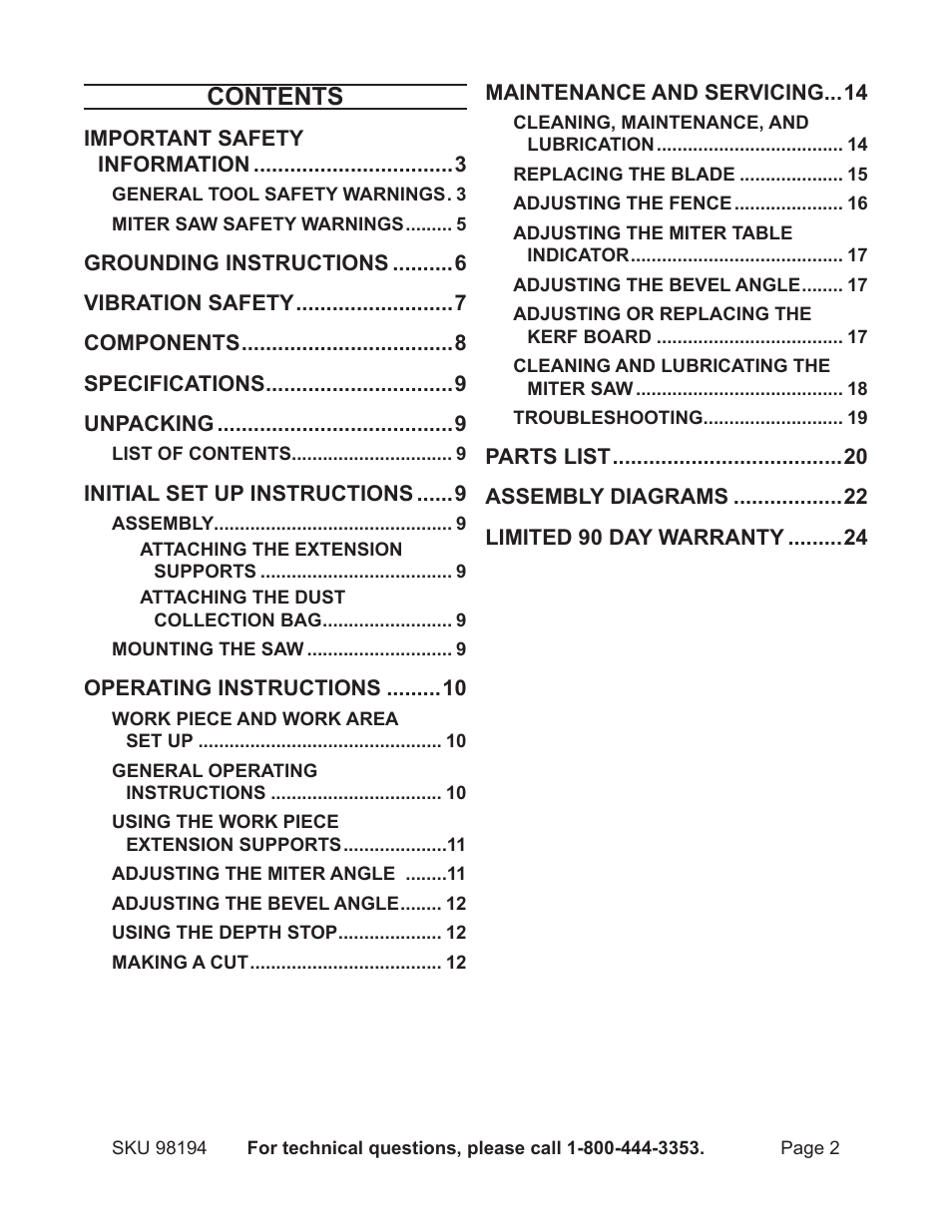 Harbor Freight Tools 98194 User Manual | Page 2 / 24