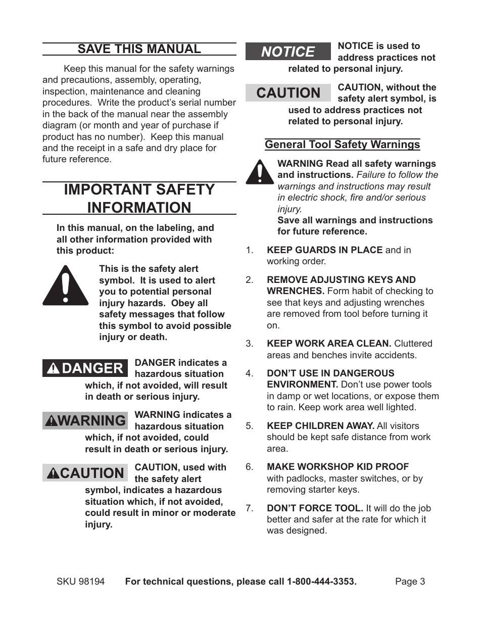 Important safety information, Save this manual | Harbor Freight Tools 98194 User Manual | Page 3 / 24