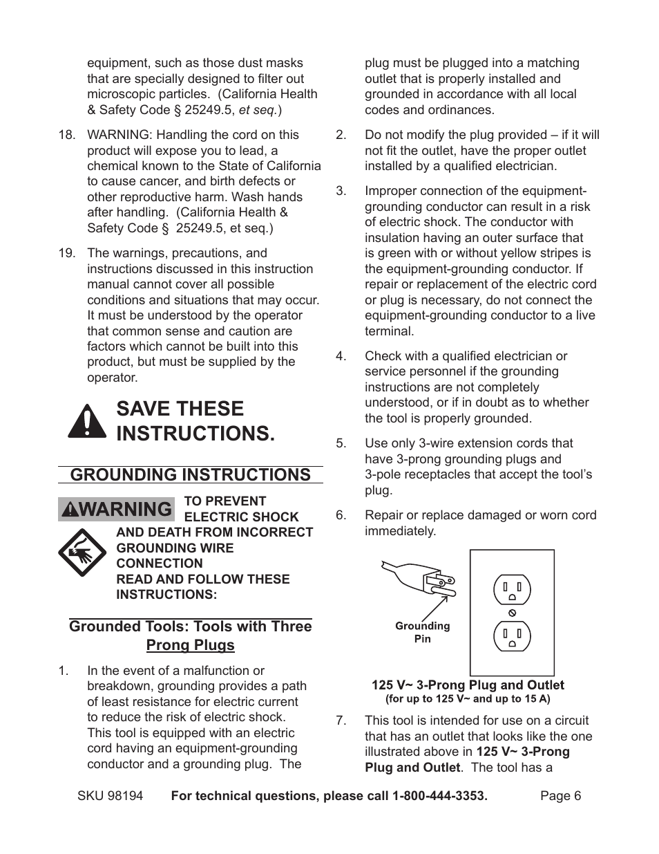 Save these instructions, Grounding instructions | Harbor Freight Tools 98194 User Manual | Page 6 / 24