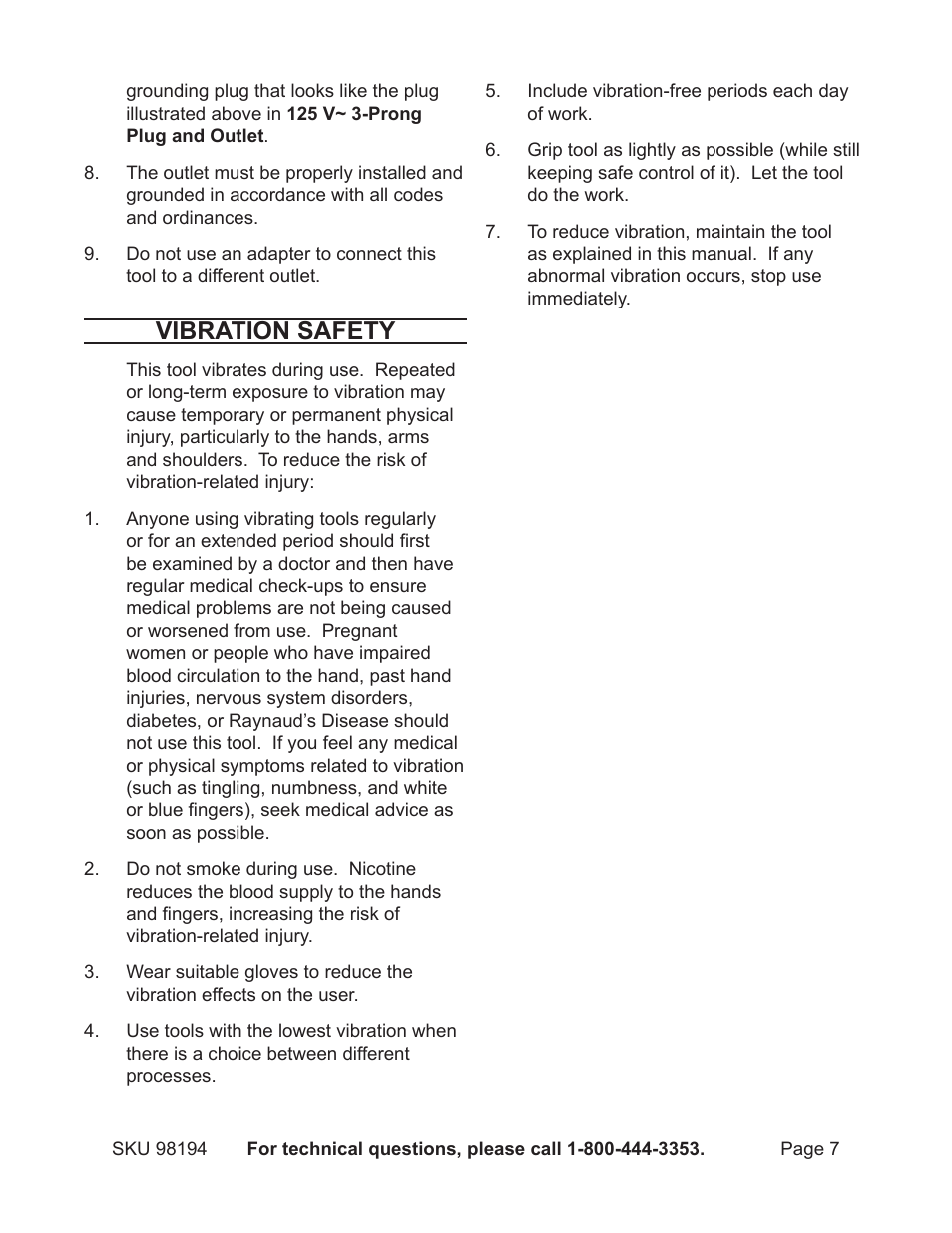 Vibration safety | Harbor Freight Tools 98194 User Manual | Page 7 / 24