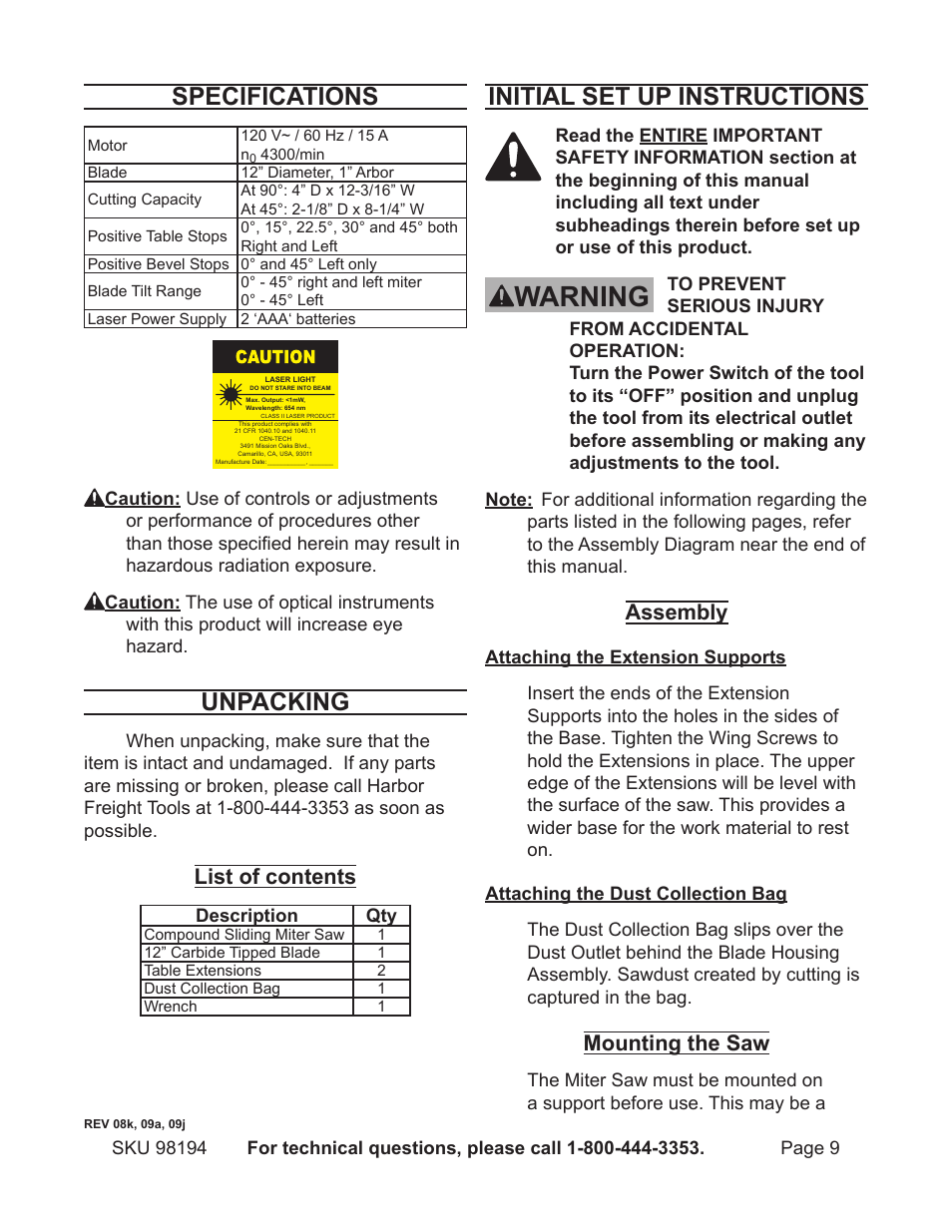 Warning, Specifications, Unpacking | Initial set up instructions, List of contents, Assembly, Mounting the saw | Harbor Freight Tools 98194 User Manual | Page 9 / 24