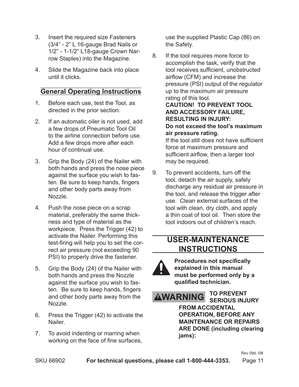 User-maintenance instructions | Harbor Freight Tools 66902 User Manual | Page 11 / 16