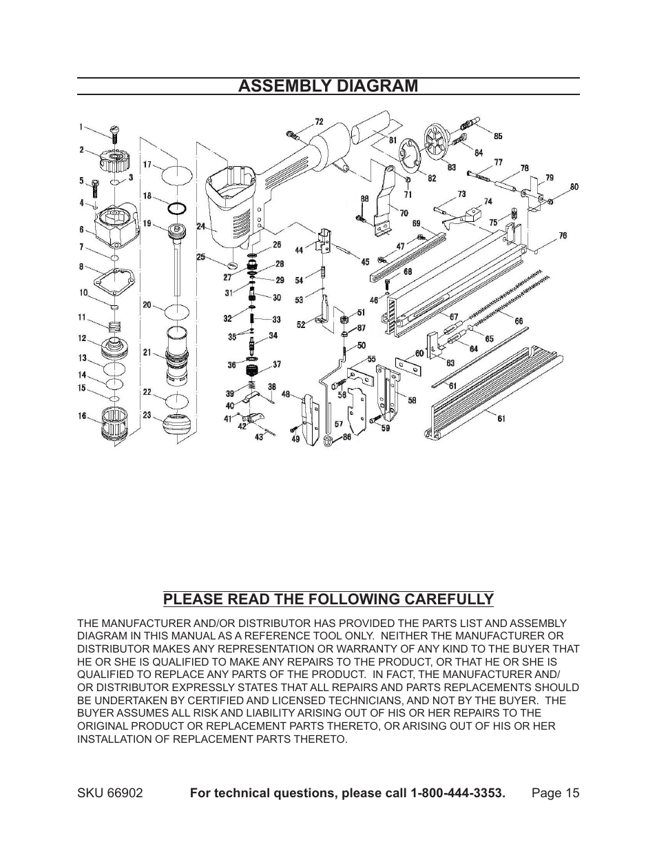 Assembly diagram, Please read the following carefully | Harbor Freight Tools 66902 User Manual | Page 15 / 16