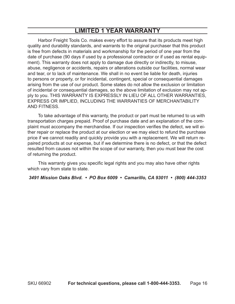 Limited 1 year warranty | Harbor Freight Tools 66902 User Manual | Page 16 / 16