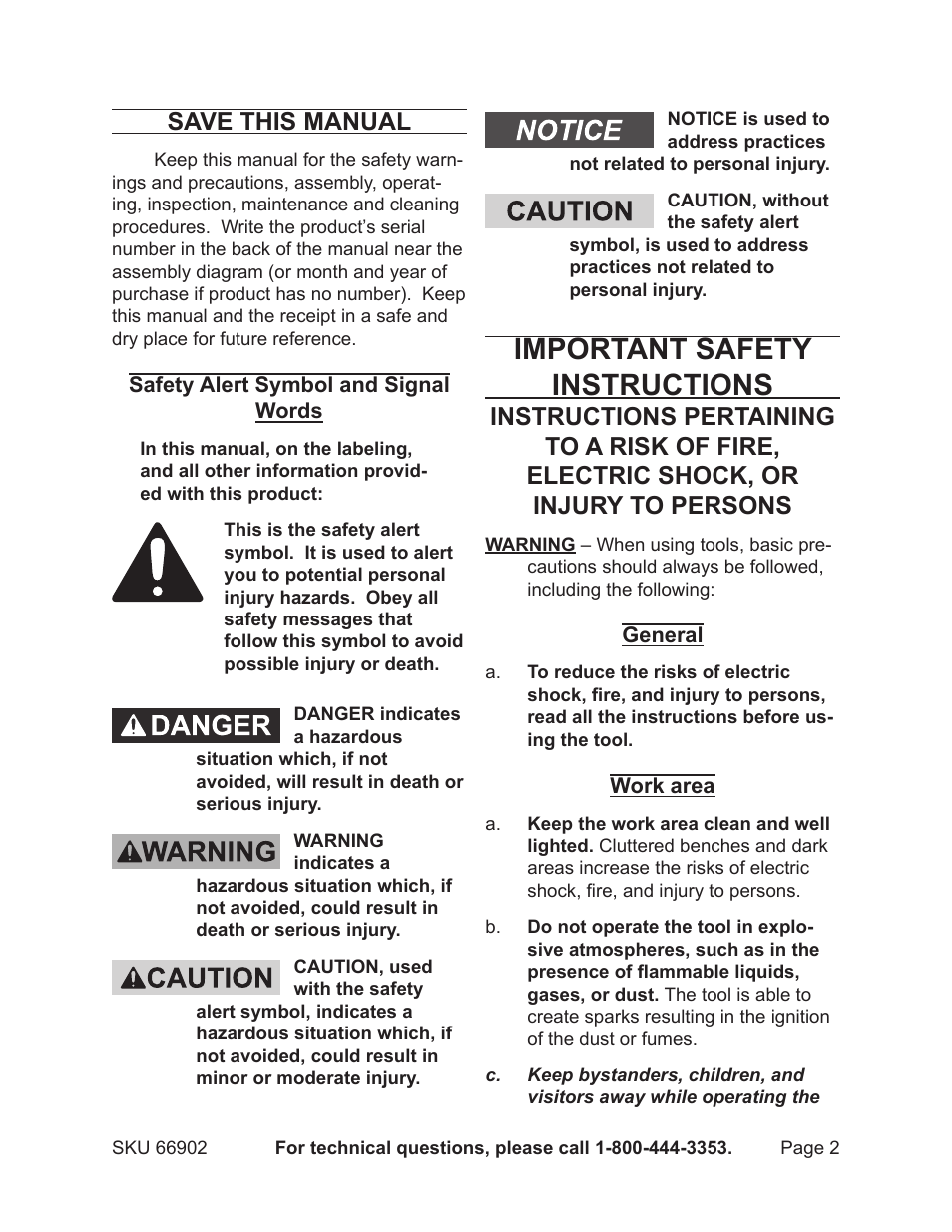Important safety instructions, Save this manual | Harbor Freight Tools 66902 User Manual | Page 2 / 16