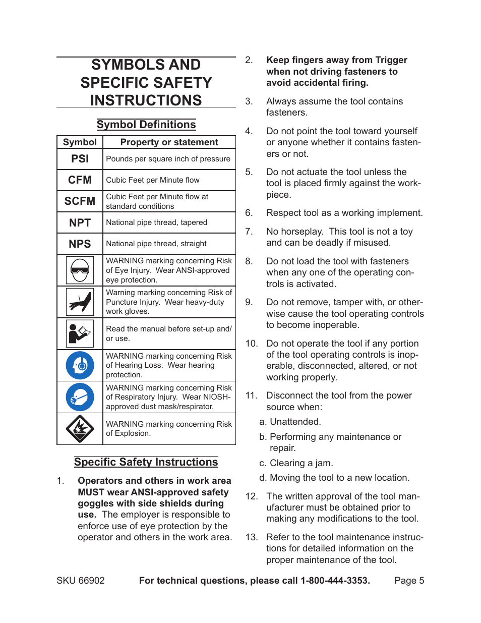 Symbols and specific safety instructions | Harbor Freight Tools 66902 User Manual | Page 5 / 16