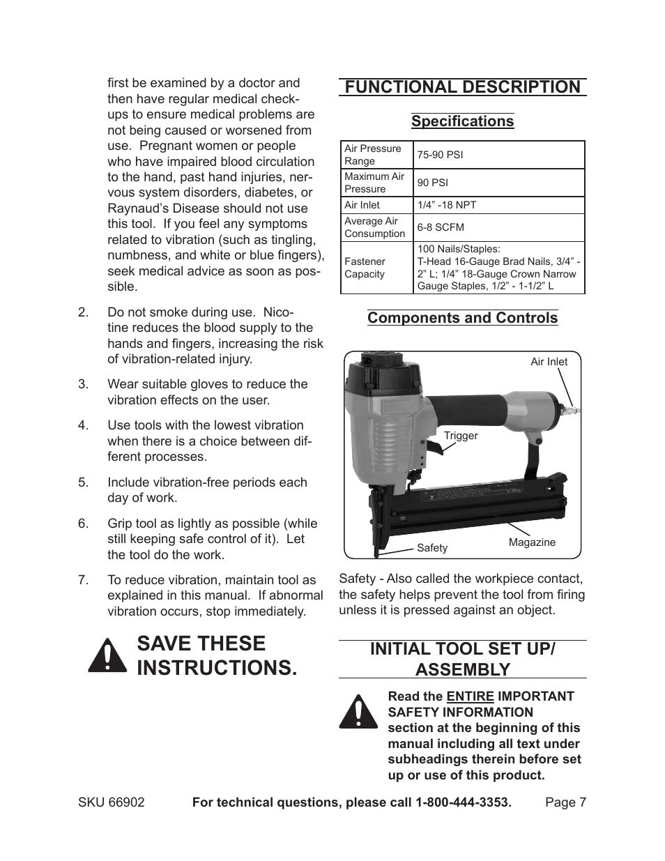 Save these instructions, Functional description, Initial tool set up/ assembly | Harbor Freight Tools 66902 User Manual | Page 7 / 16