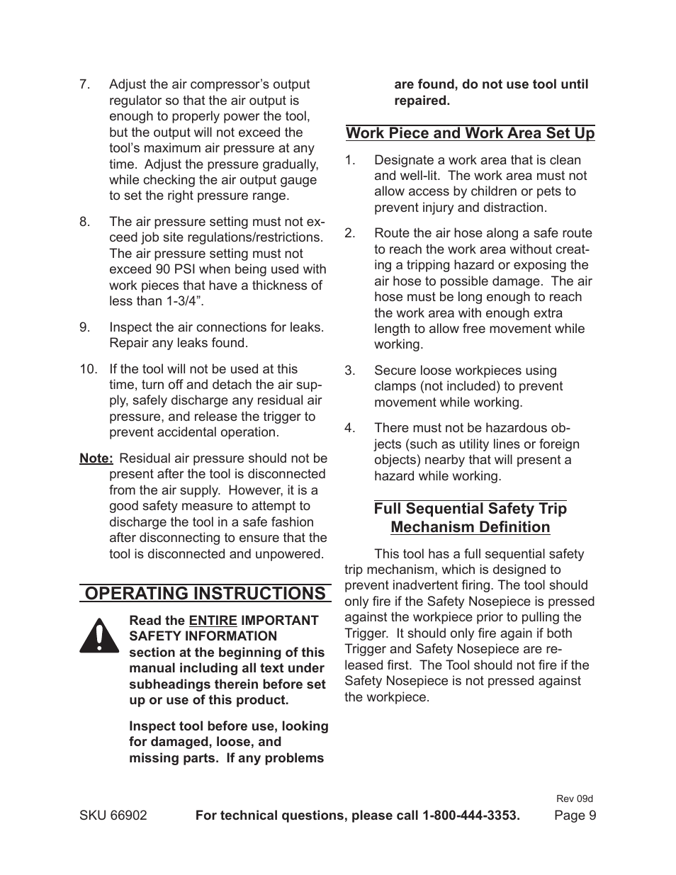 Operating instructions | Harbor Freight Tools 66902 User Manual | Page 9 / 16
