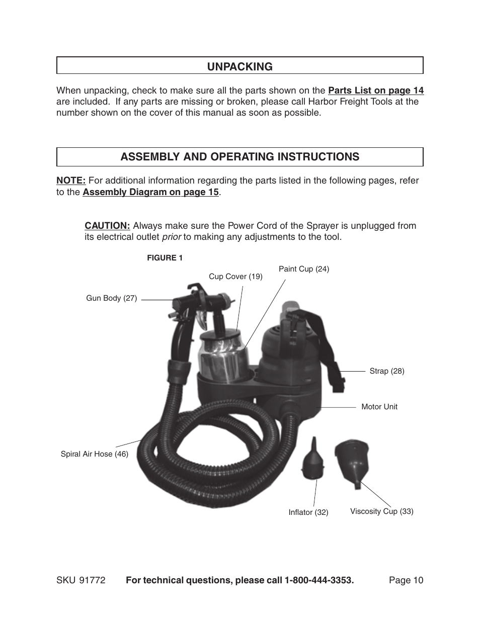 Unpacking, Assembly and operating instructions | Harbor Freight Tools 91772 User Manual | Page 10 / 15