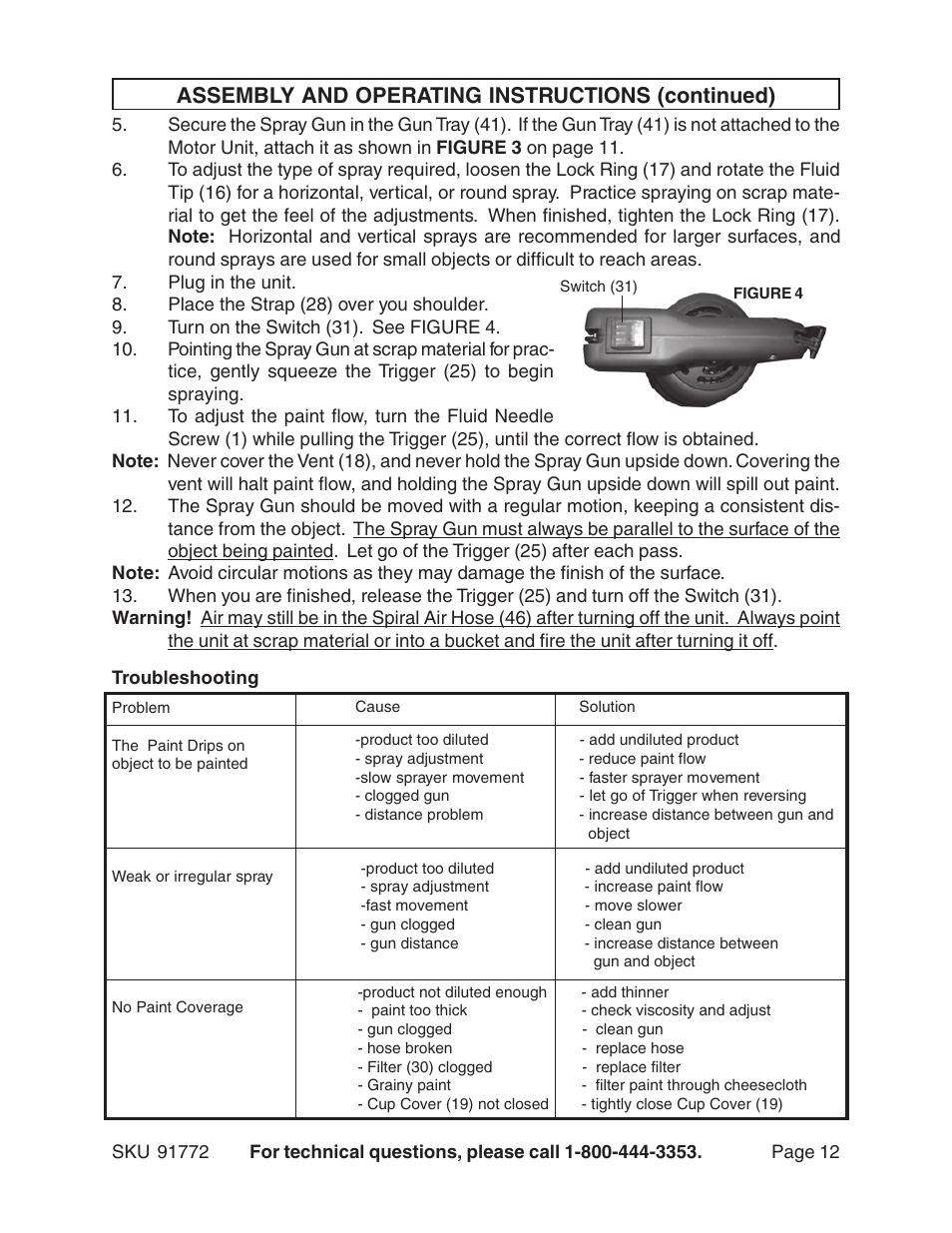 Assembly and operating instructions (continued) | Harbor Freight Tools 91772 User Manual | Page 12 / 15