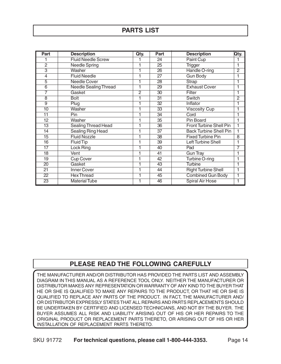 Please read the following carefully parts list | Harbor Freight Tools 91772 User Manual | Page 14 / 15